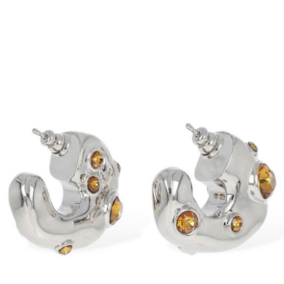 NWT$725 Dries Van Noten Brass Silver Colored Crystal Embellished Hoop Earrings - Picture 2 of 16